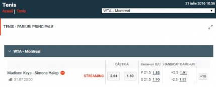 Simona Halep - Madison Keys, streaming live al finalei Rogers Cup de la Montreal